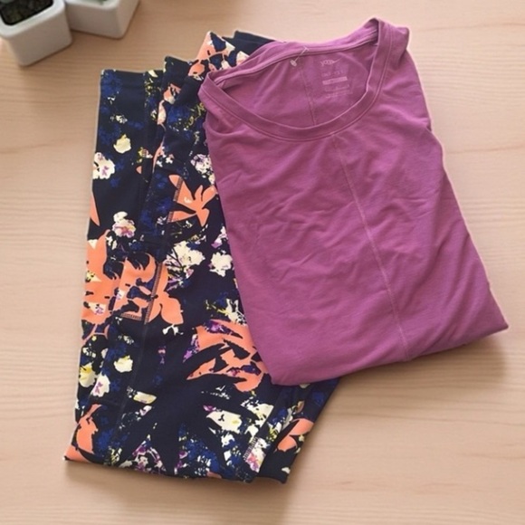 Pop Fit and Nike Pants - POP Fit Dark Blue Leggings with Floral Accents and Nike purple Shirt